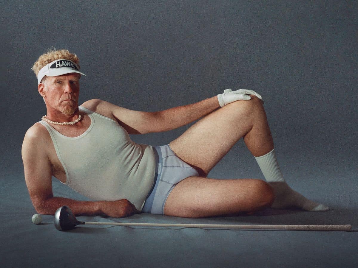 Lonnie 'The Hawk' Hawkins reclining in SKIMS Men, golf club and ball beside him